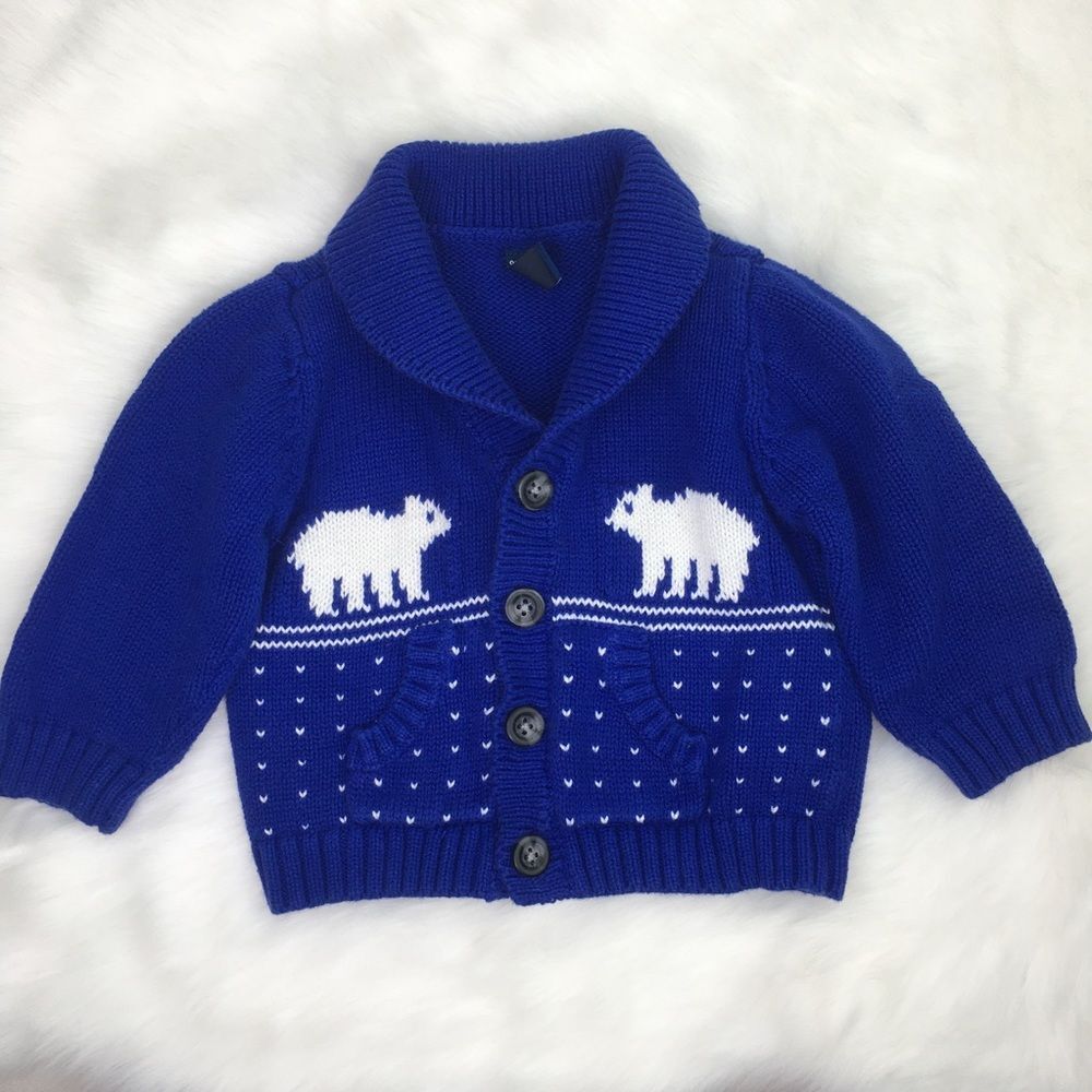 100% Cotton 6 - 12 Mo Blue Knit Polar Bear Sweater Cardigan